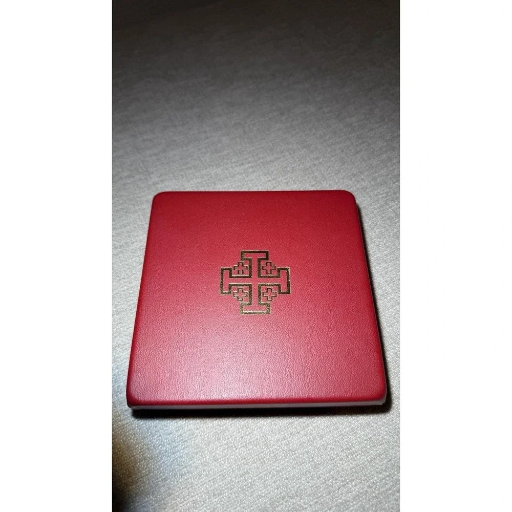 Vintage Jerusalem Cross Medal Set Red Enamel w/ Ribbon Pin Box
